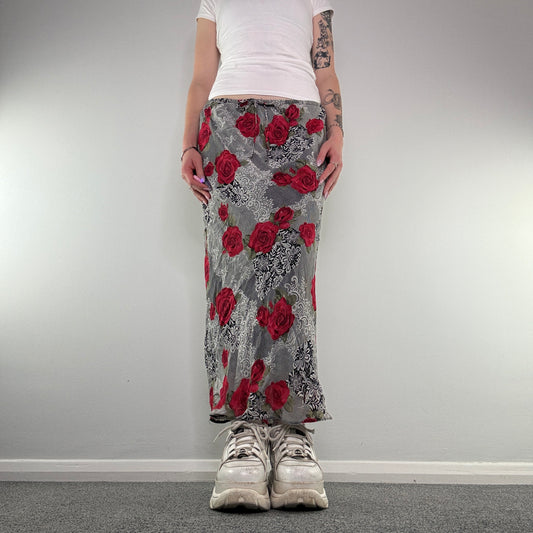 Y2K lace style rose floral bow maxi skirt