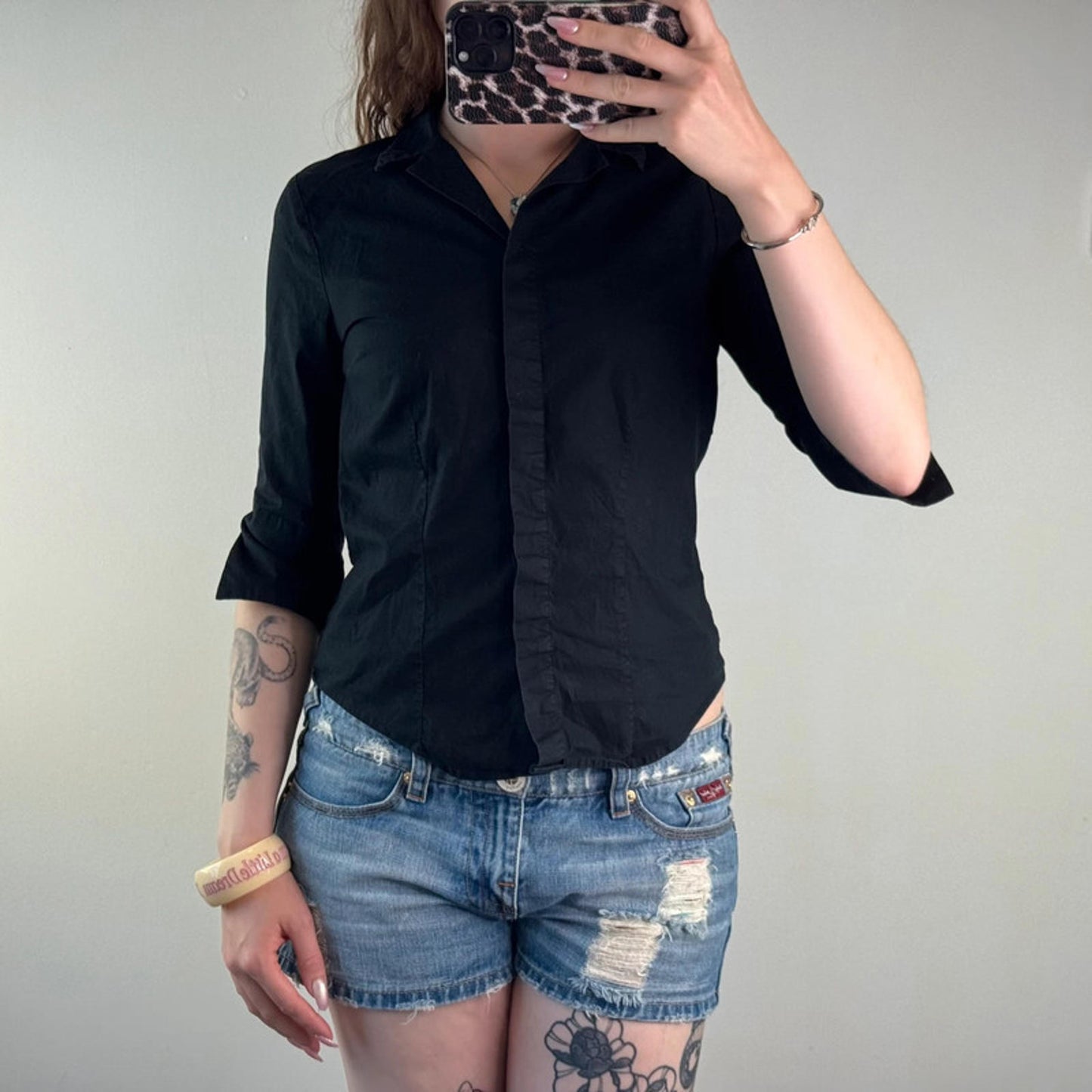 Y2K vintage fitted stretchy button up blouse shirt 3/4 sleeve