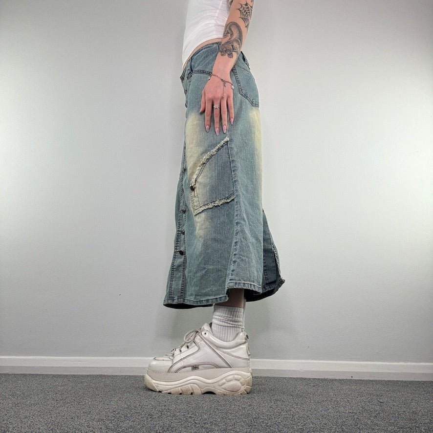 Y2K faded denim front button maxi skirt