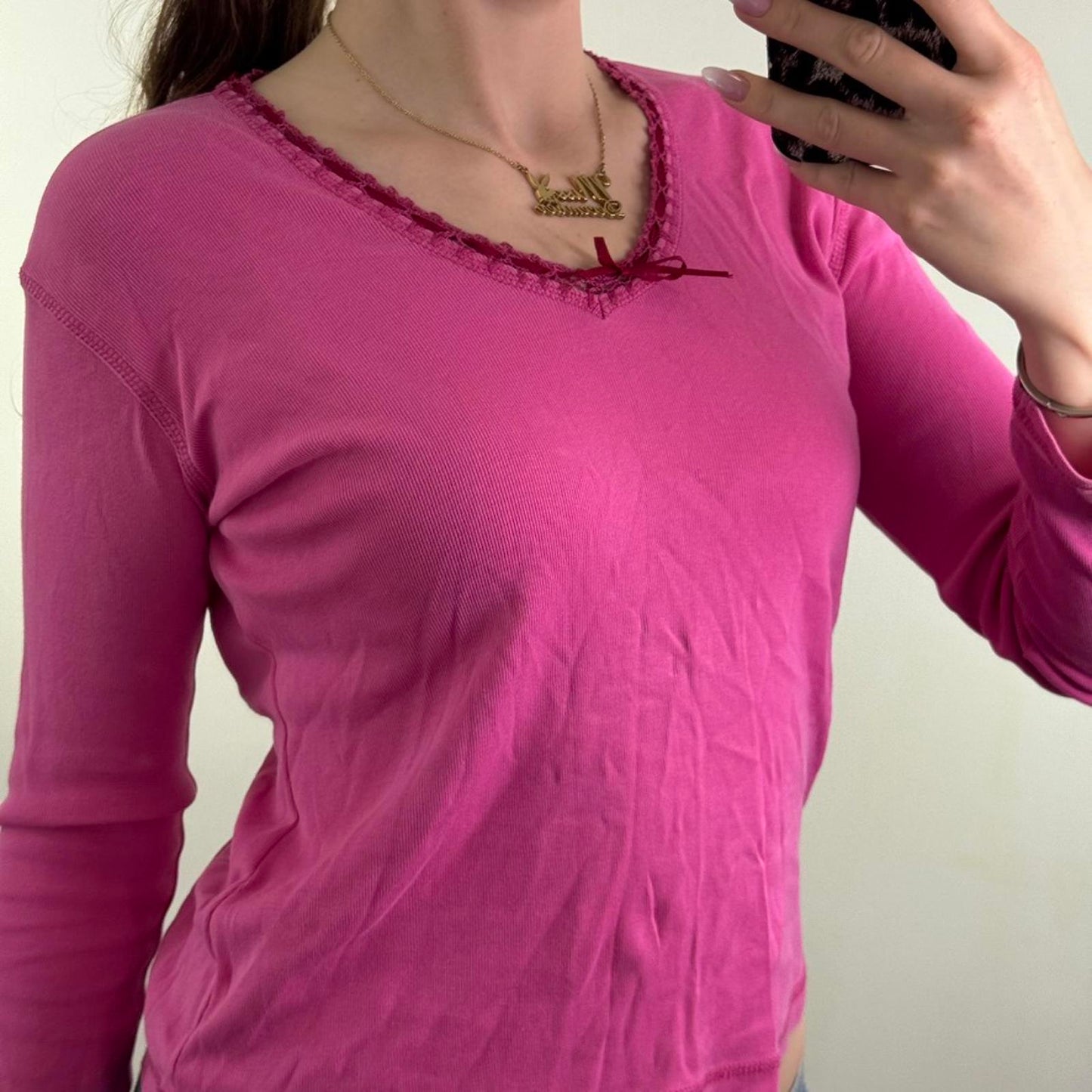 Y2K vintage long sleeve top pink v neck bow ribbon basic staple