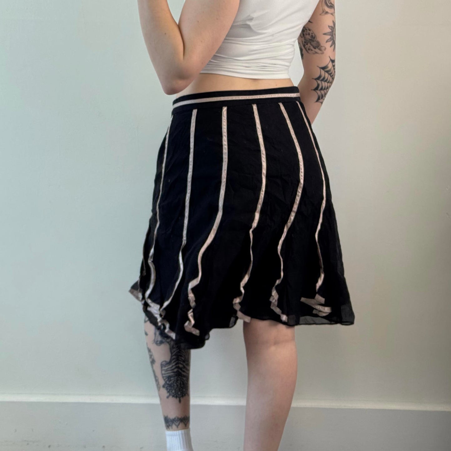 Y2K vintage part silk midi skirt black pink stripe ruffle knee length a line fit