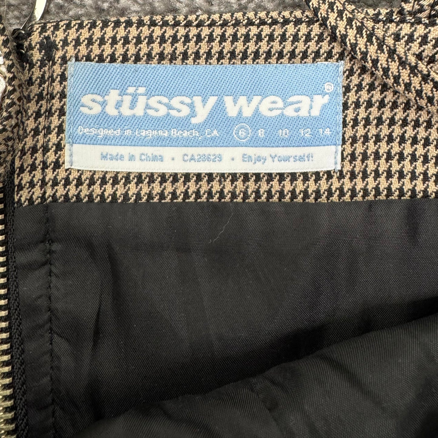 Stussy houndstooth crop top strappy spaghetti straps logo o ring zip up