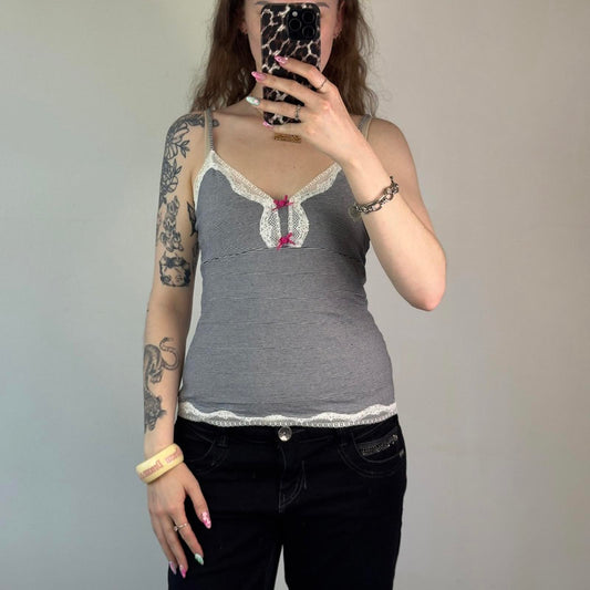 Y2K vintage stripe sparkly cami top lace trim pink bow bust navy white strappy