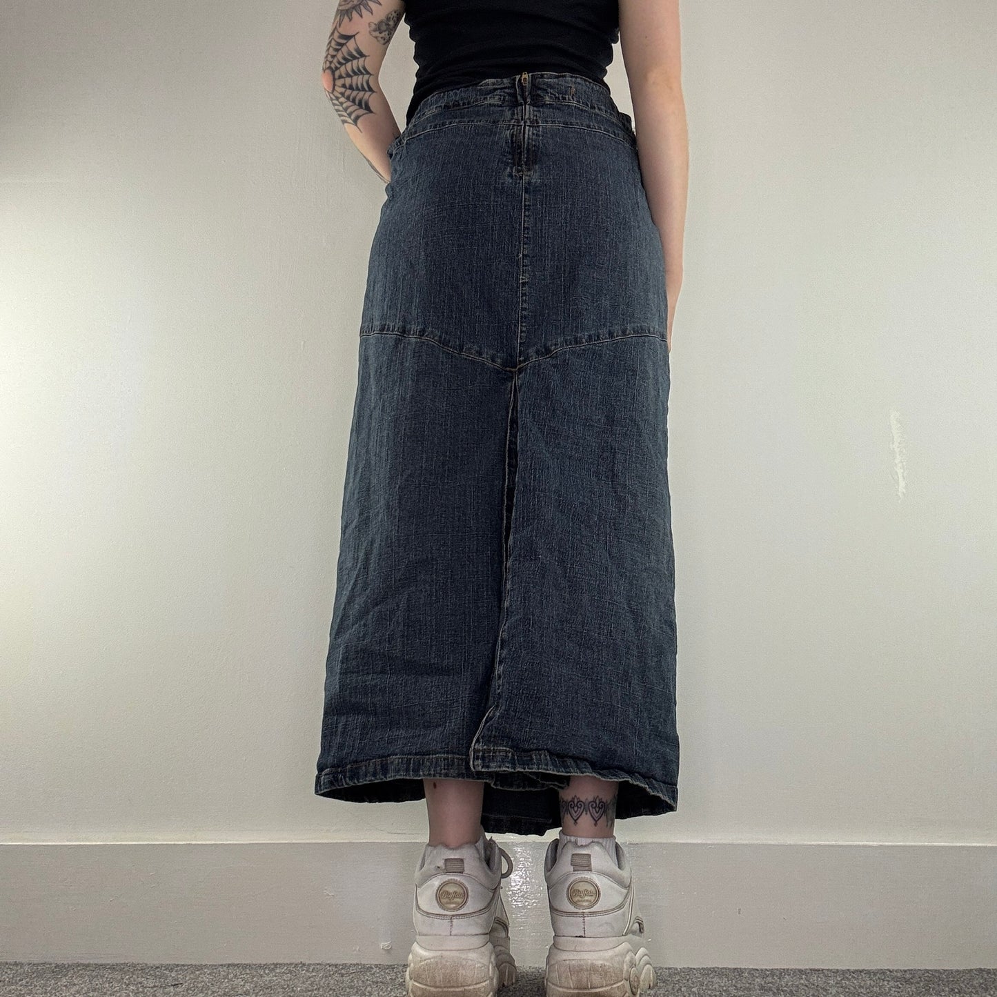 Y2K vintage denim maxi skirt stretchy asymmetrical pattern plus size