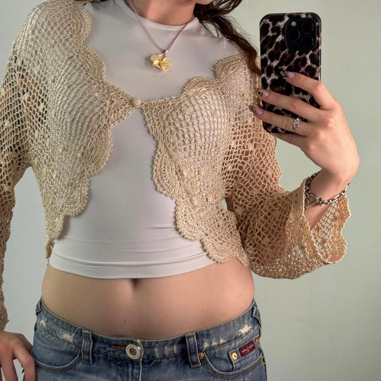 Y2K vintage sparkly knit crochet long flare sleeve cardigan scallop hem cream