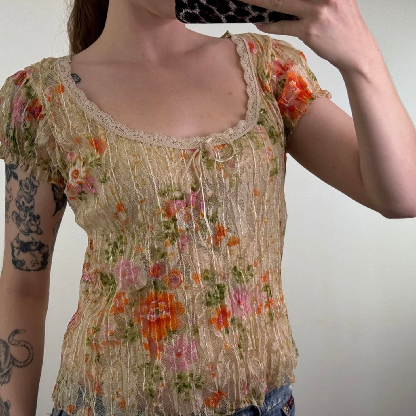 Y2K vintage Per Una mesh overlay short sleeve top round neck double layer bow