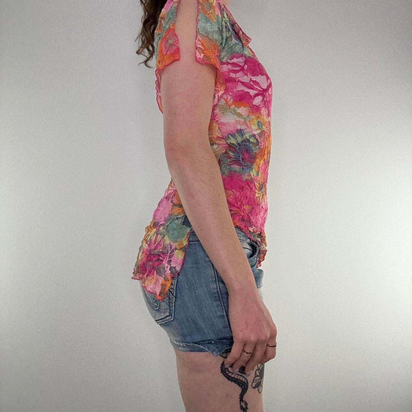 Y2K vintage floral lace top asymmetric frill short sleeve pink multi v neck mesh
