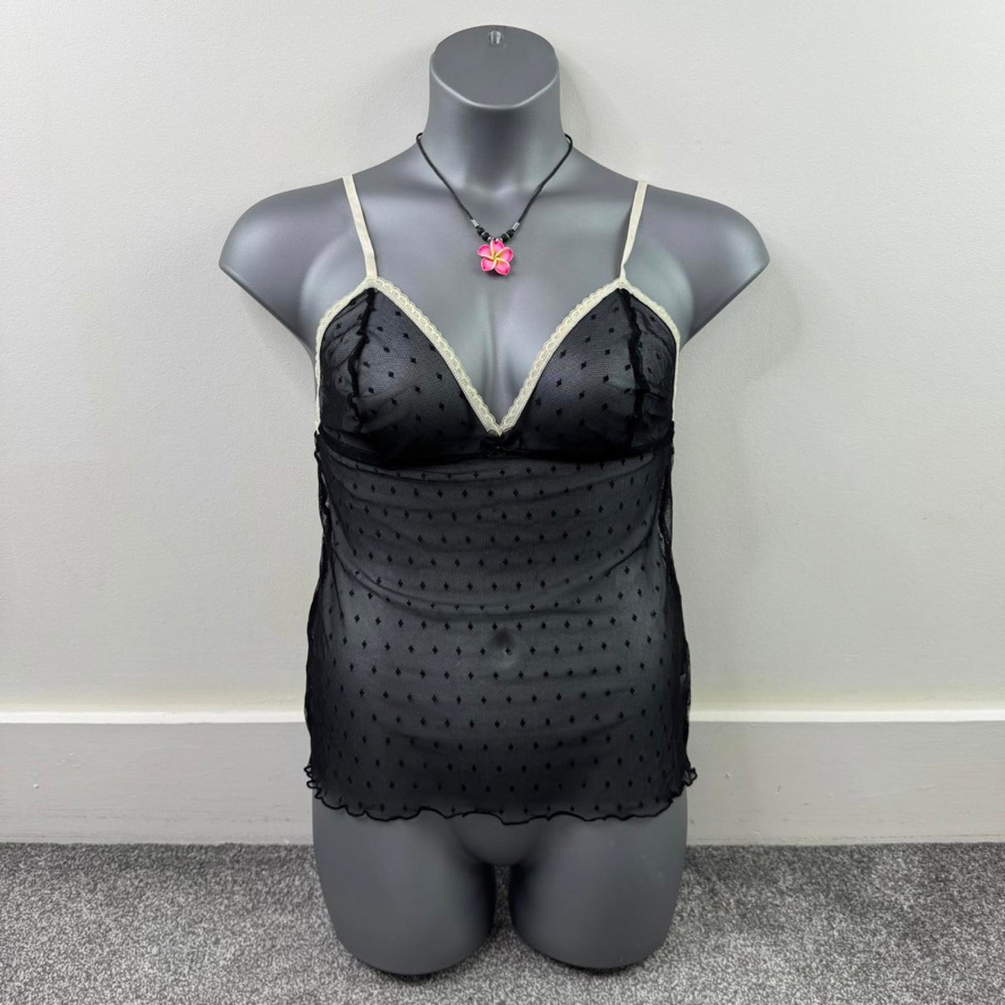 Y2K vintage mesh cami top stretchy sheer fitted bow black cream diamond pattern