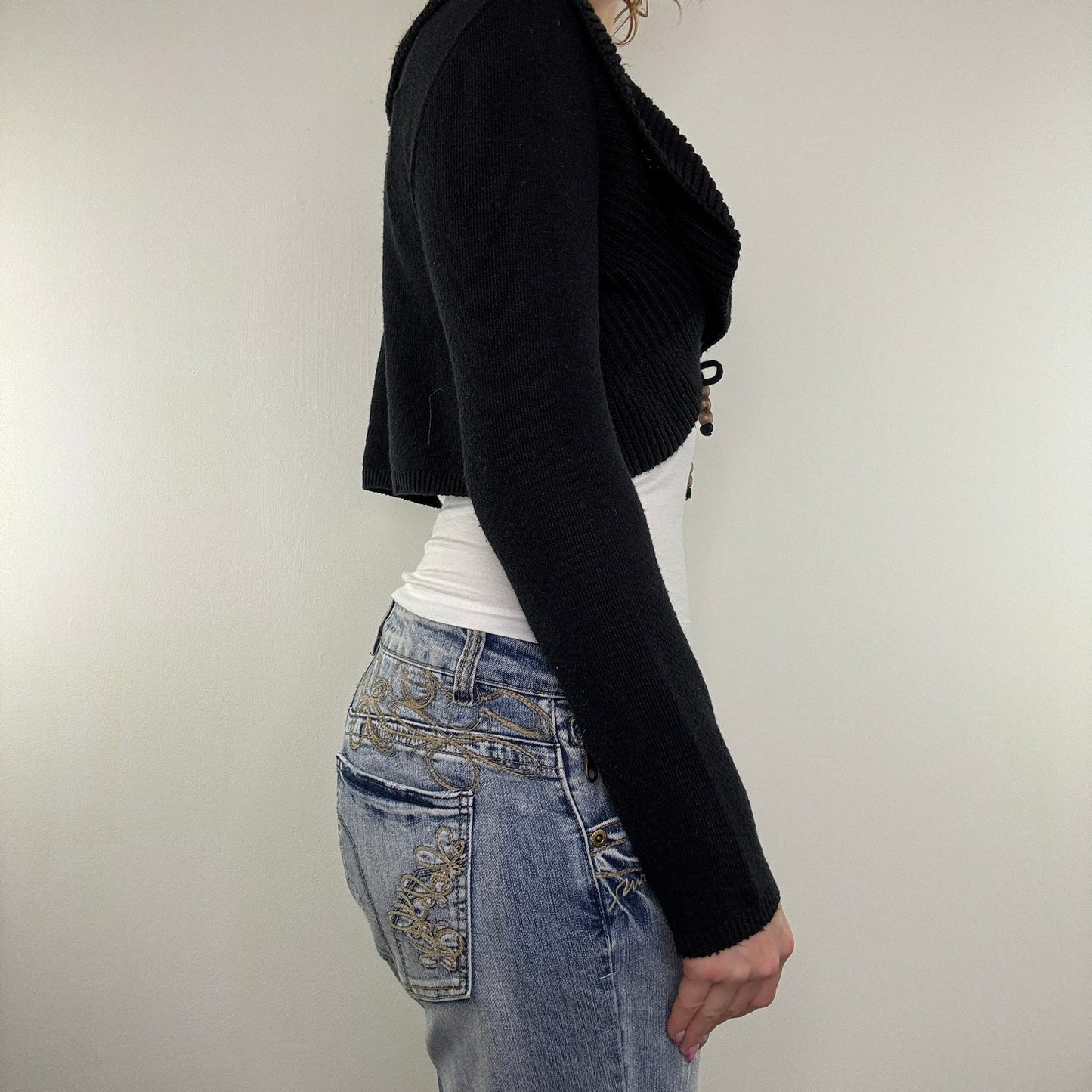 Y2K vintage cropped cardigan knit collared beaded long sleeve tie front bow