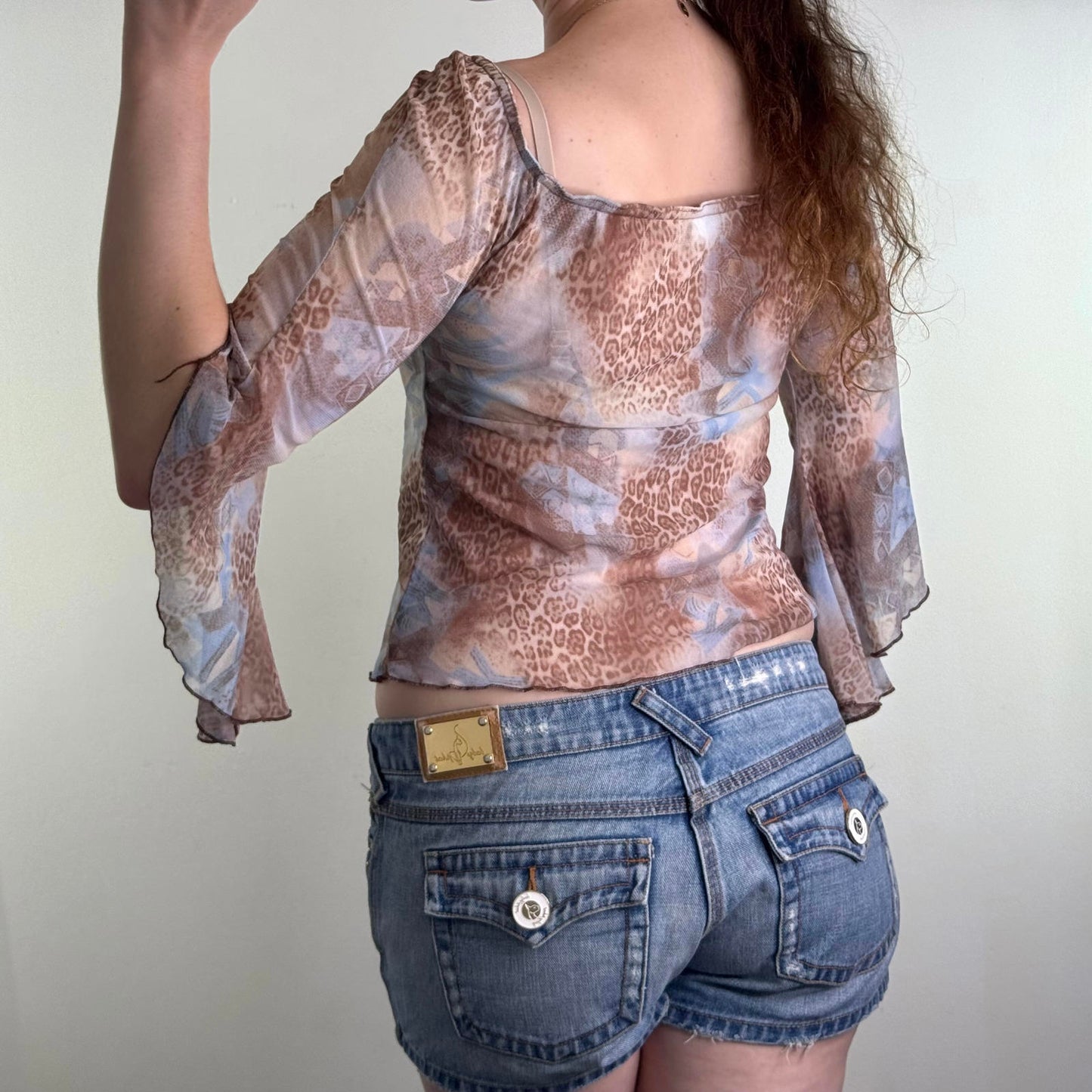 Y2K vintage mesh flare bell sleeve leopard print top ruched bust overlay