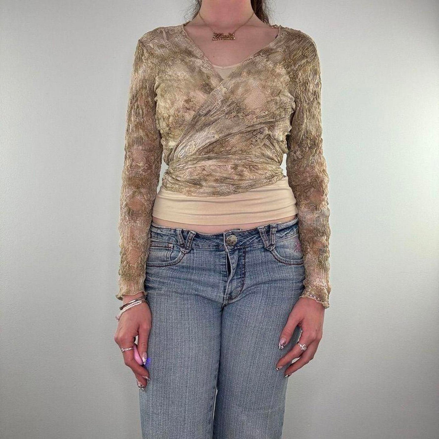 Y2K vintage ombre wraparound lace floral cardigan long sleeve v neck tie bow