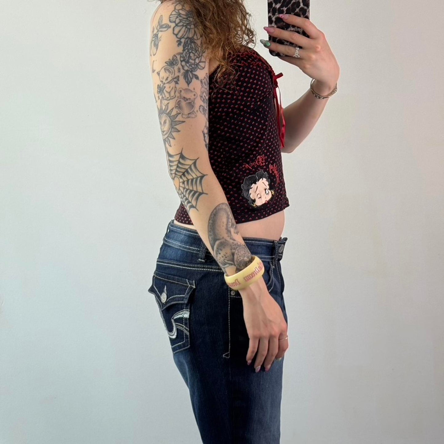 Y2K vintage Betty Boop cami top graphic print hearts ruffle bow