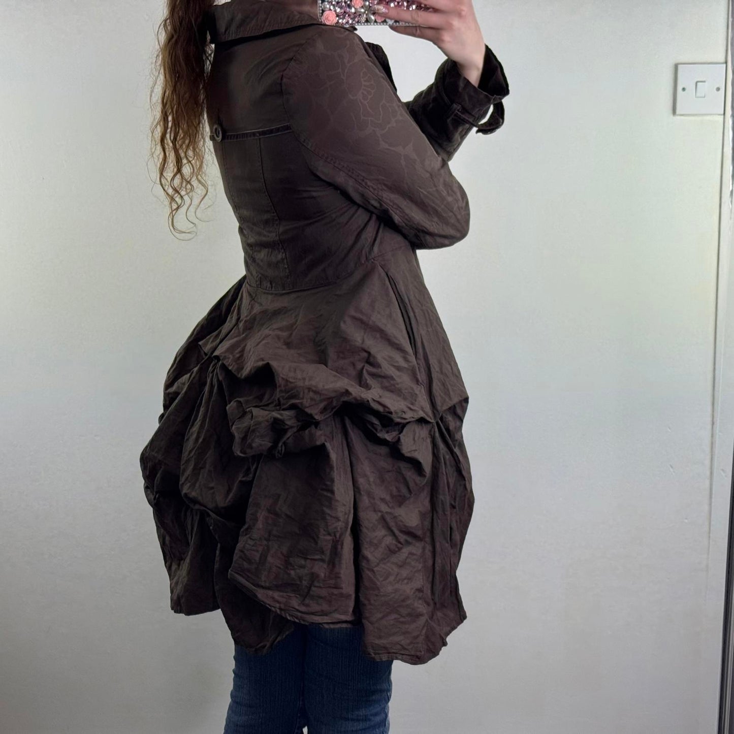 Y2K vintage ruffle layered mid knee length trench coat jacket ruffle floral