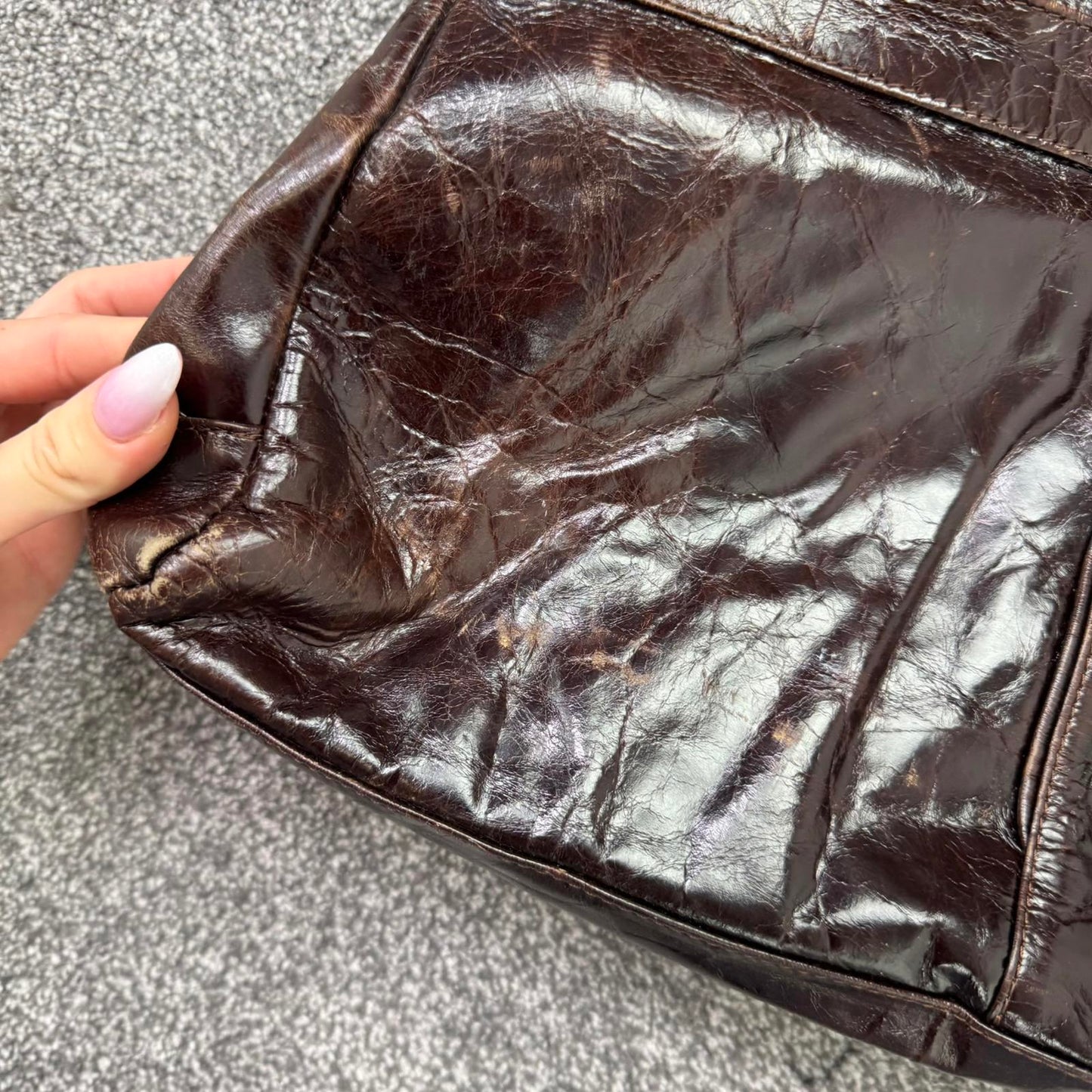 Y2K vintage genuine real leather patent shoulder bag zippers shiny medium size