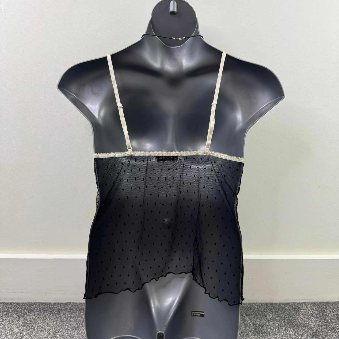 Y2K vintage mesh cami top stretchy sheer fitted bow black cream diamond pattern