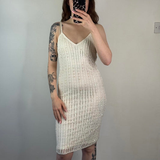 Y2K vintage sequin crochet midi dress v neck strappy knee length summer holiday