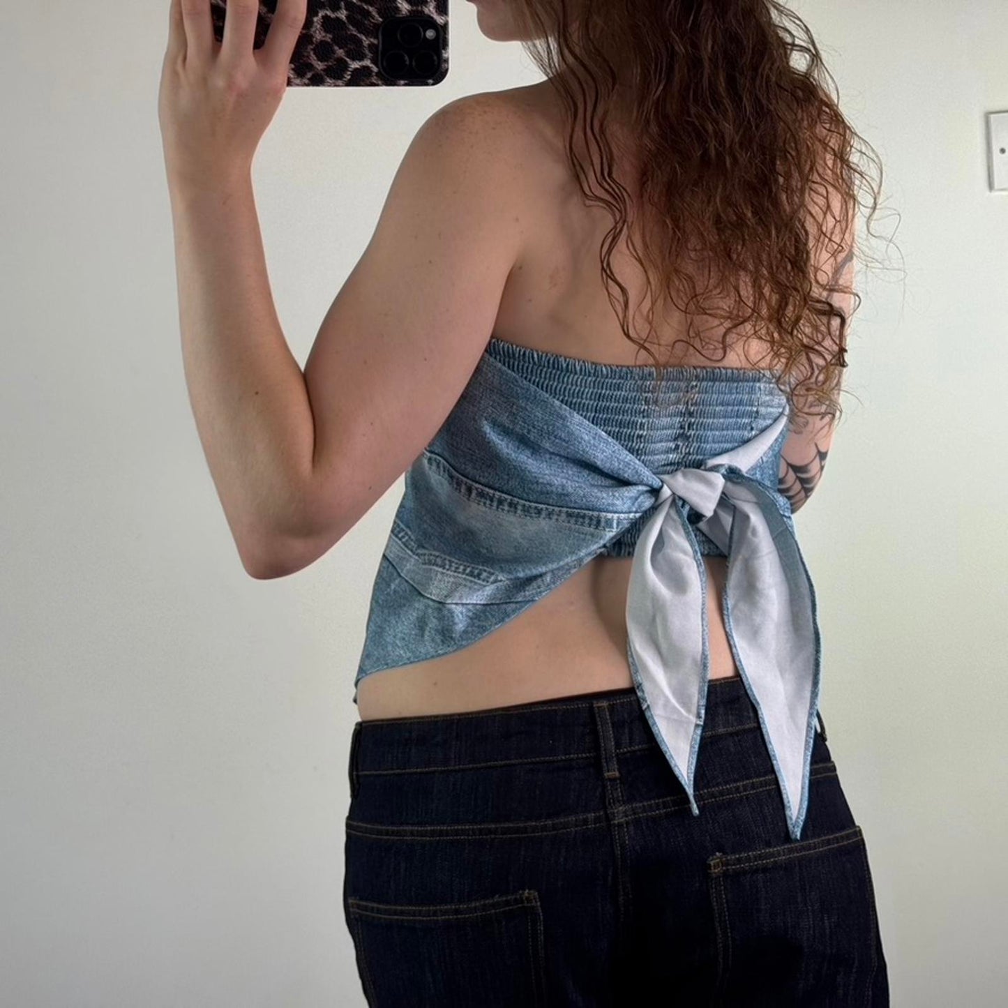 Hugo Boss silky bandana top in blue with denim print strapless hanky hem casalla