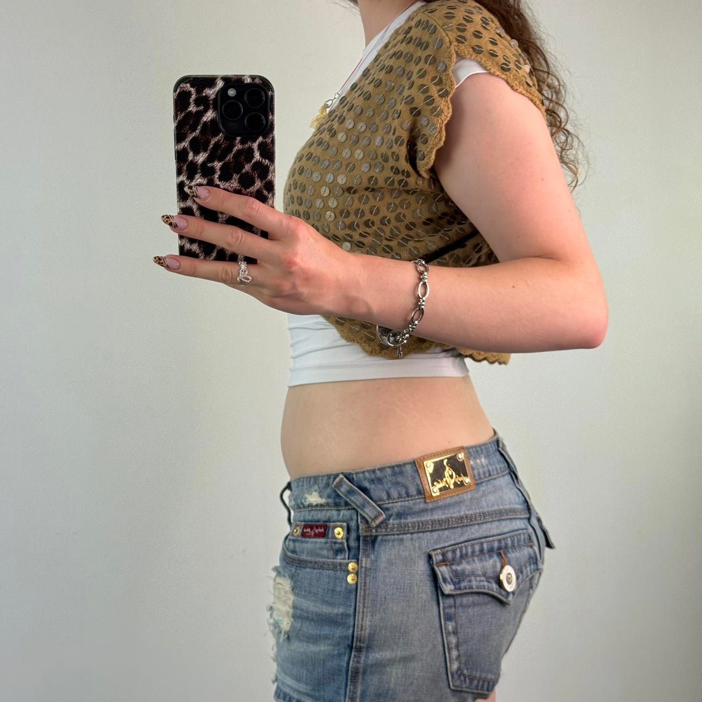 Y2K vintage cropped cardigan metal disc embellished short sleeve knitted beige