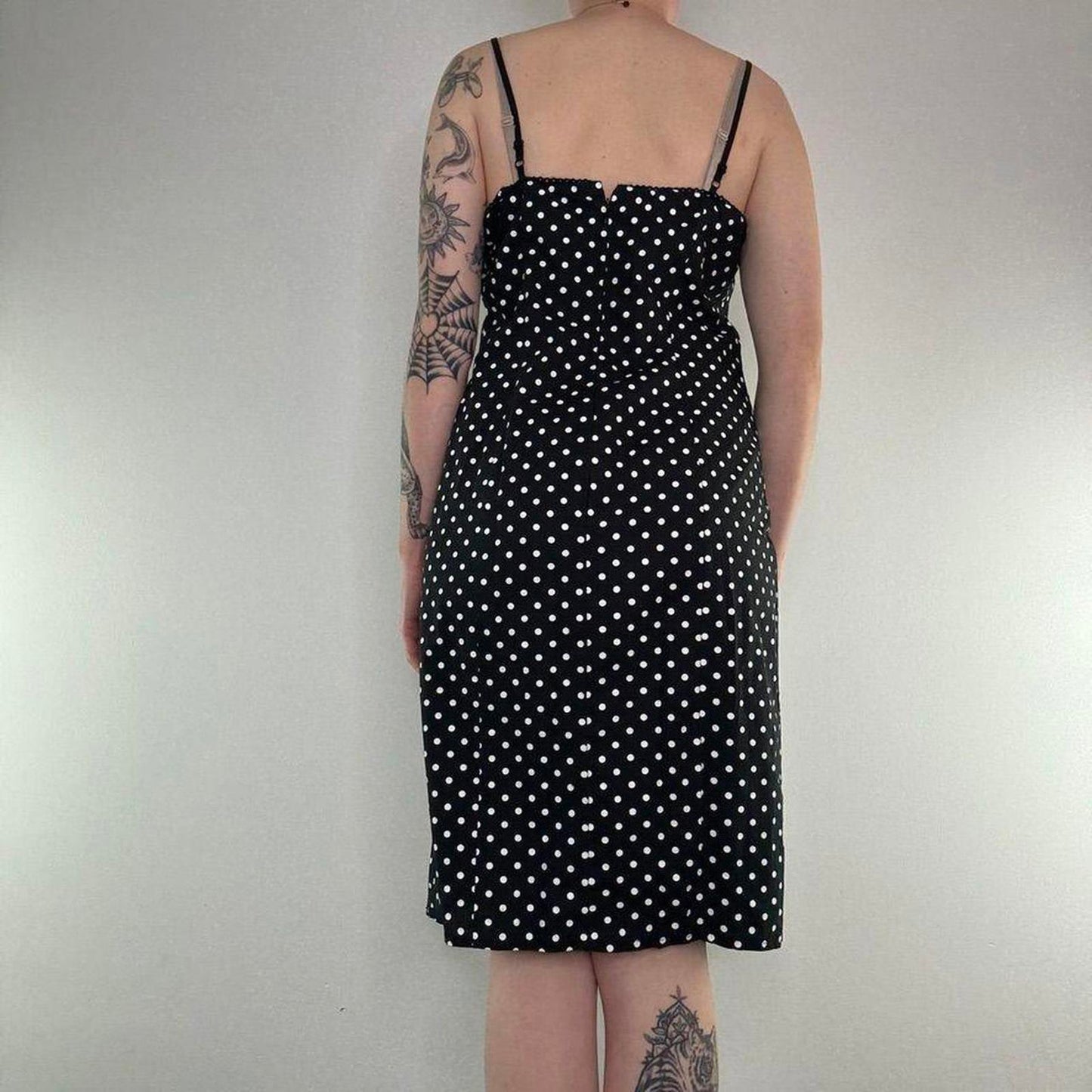 Y2K vintage polka dot zip up bust midi dress stretchy knee length square neck