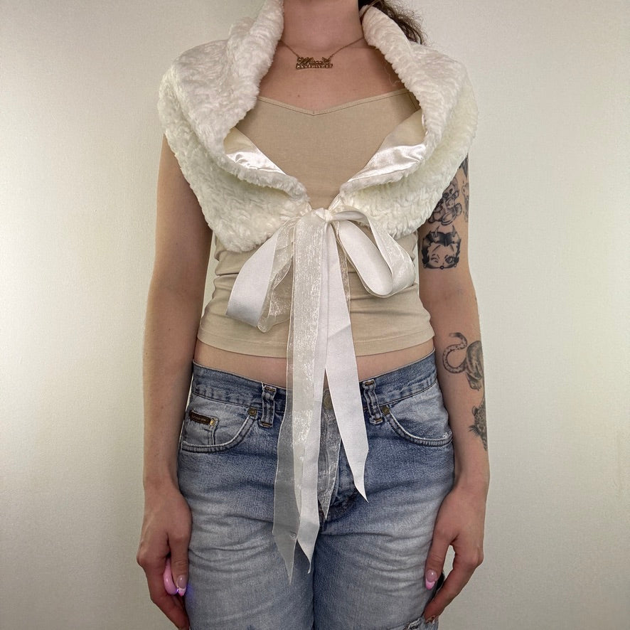 Y2K vintage white faux fur shawl cover up bow