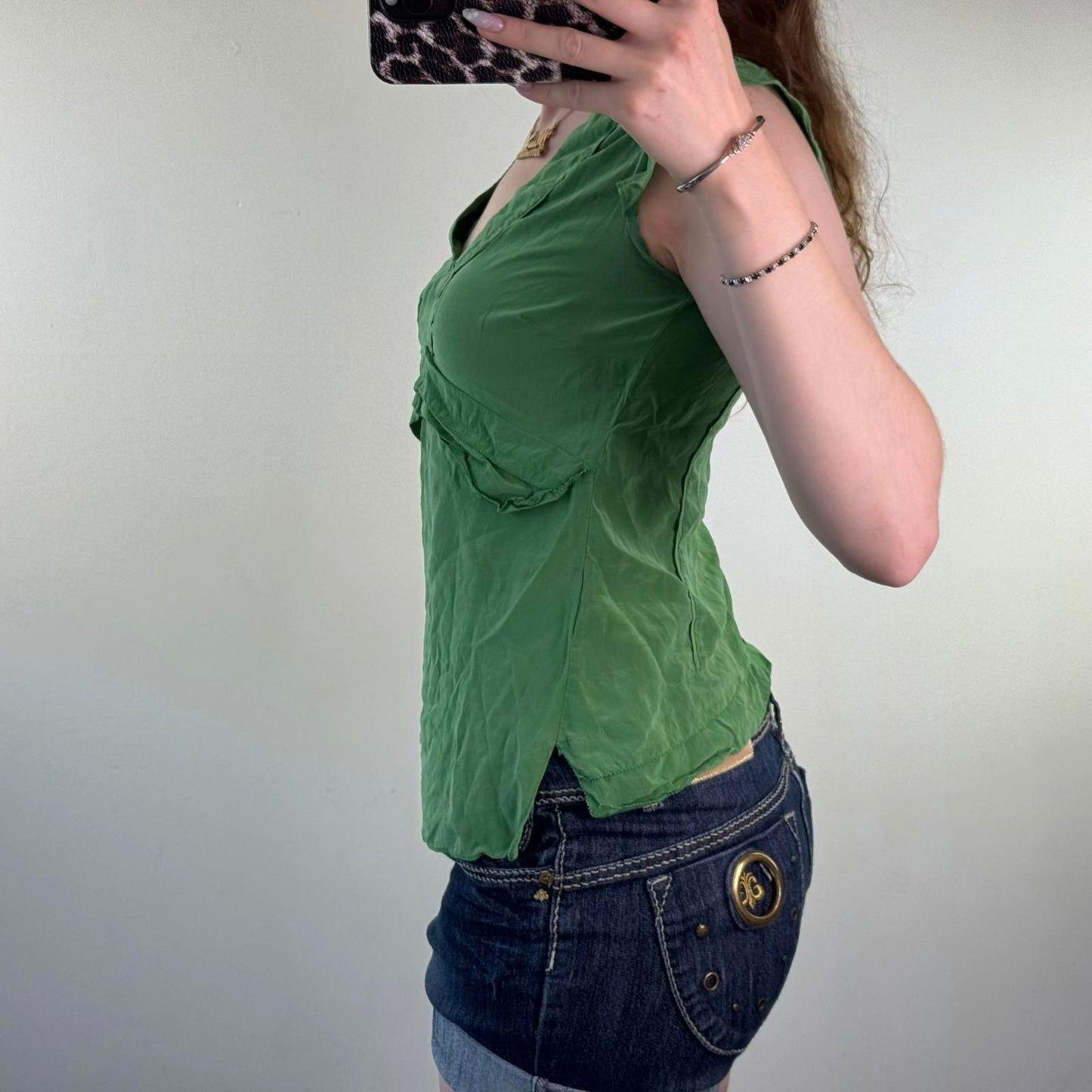 Y2K vintage 100% silk frill short sleeve top blouse v neck lightweight green