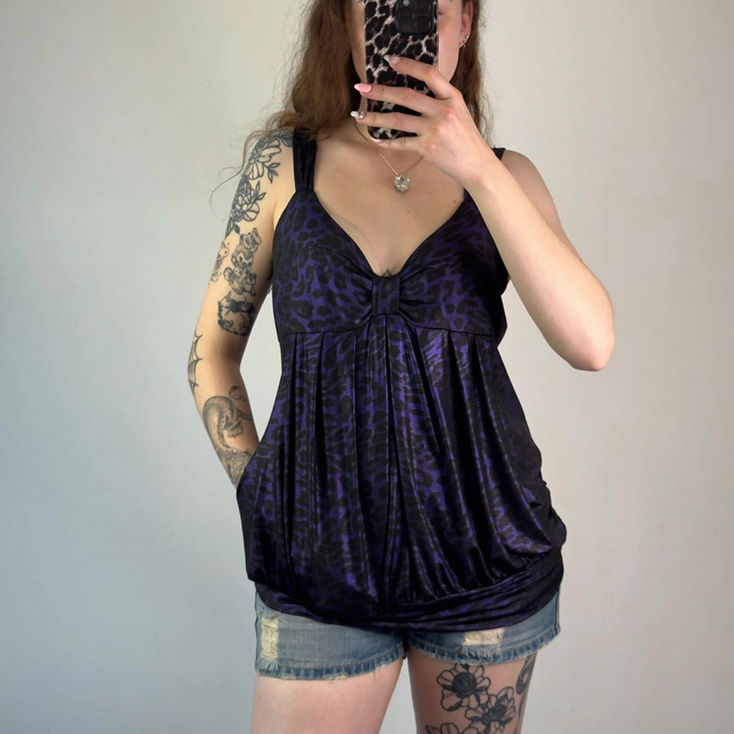 Y2K vintage party leopard print stretchy peplum top shiny pockets bow bust