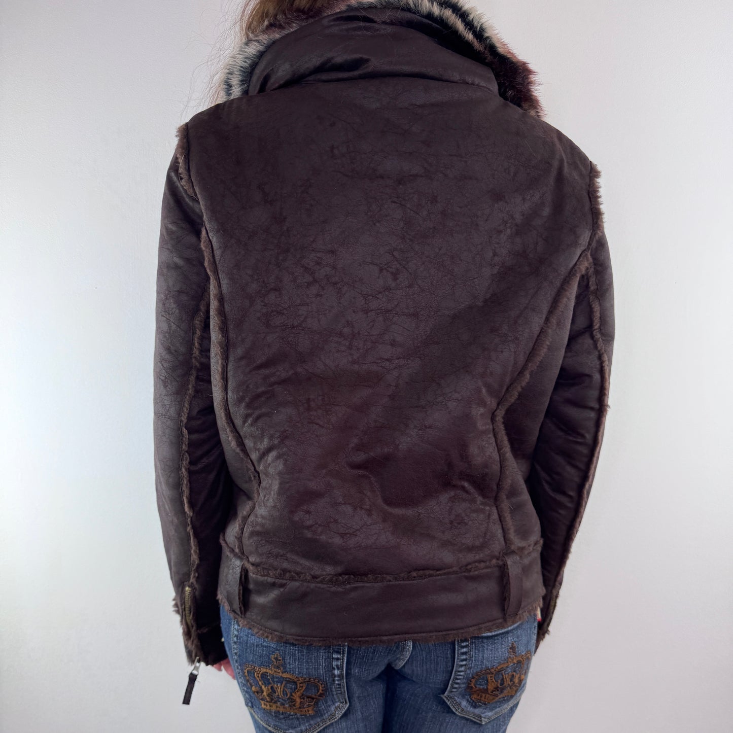 Y2K vintage faux suede zip up jacket faux fur collar trim