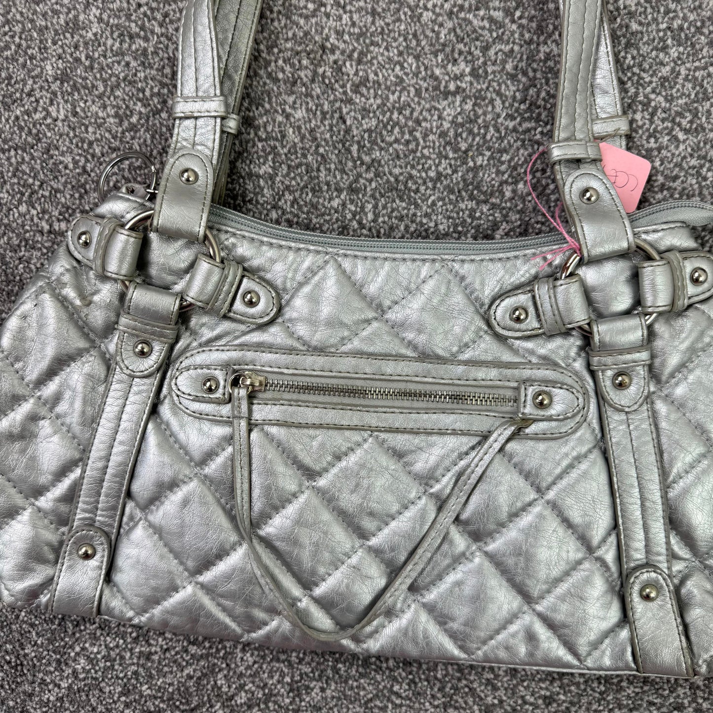 Y2K vintage faux leather silver shoulder bag quilted zipper studded O ring