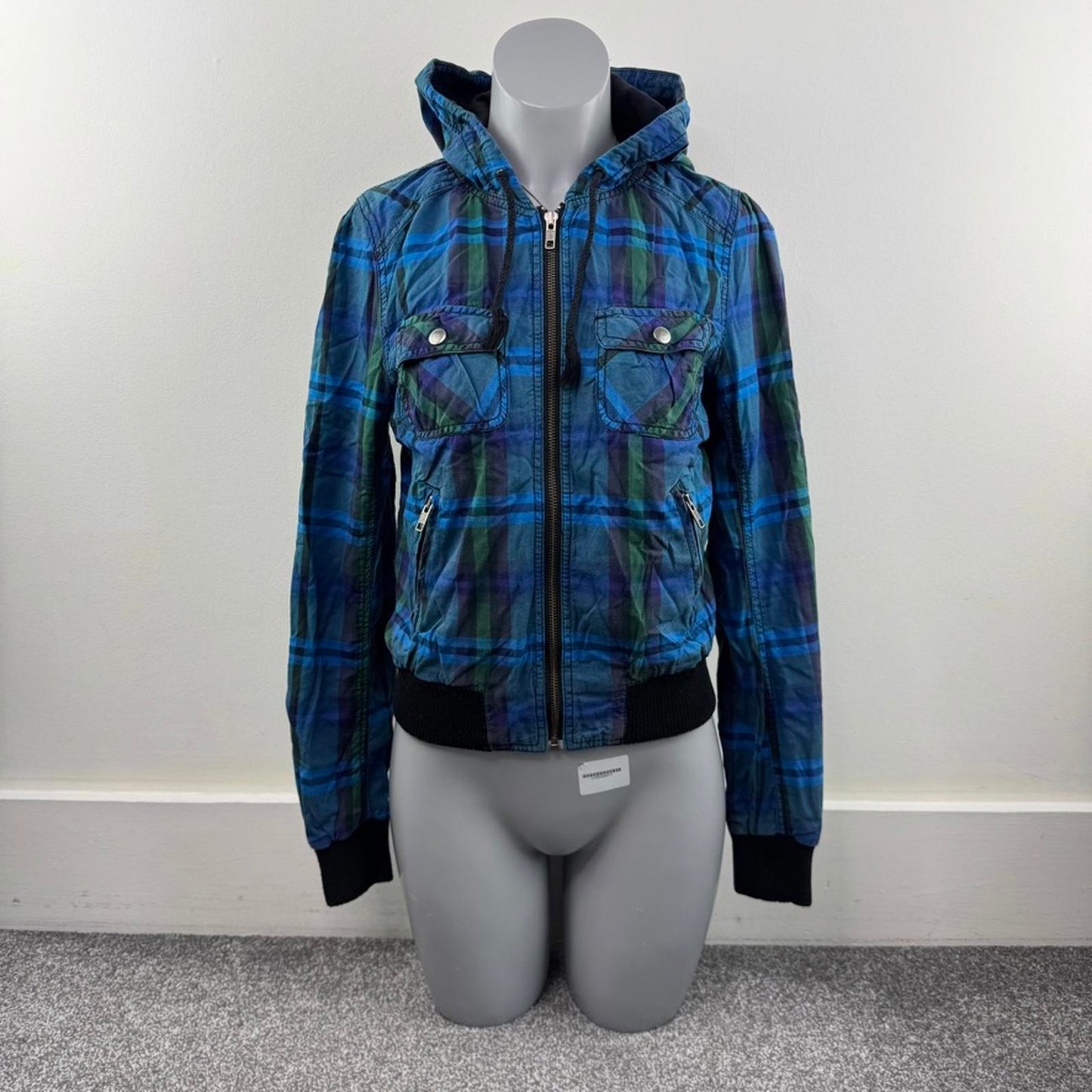 Y2K vintage tartan check zip up bomber jacket lightweight with hood plaid blue