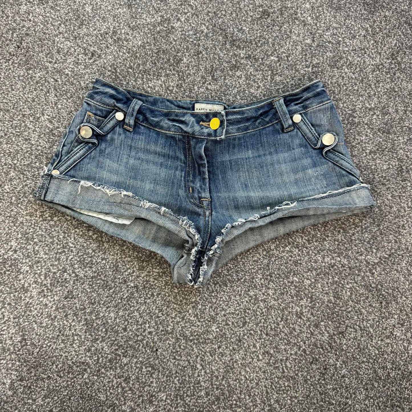 Y2K vintage Karen Millen low rise distressed denim mini shorts fraying hem