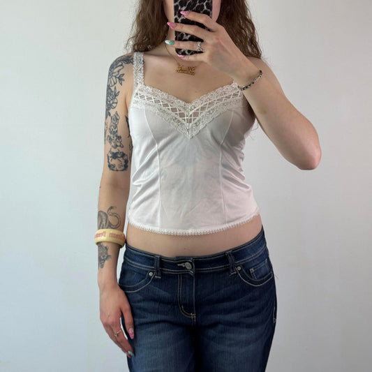 Y2K vintage sheer lingerie cami top v neck lace trim straps white small