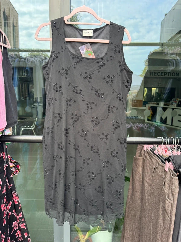 Vintage Y2K 2000s mesh mini dress overlay lettuce hem floral sparkly sleeveless