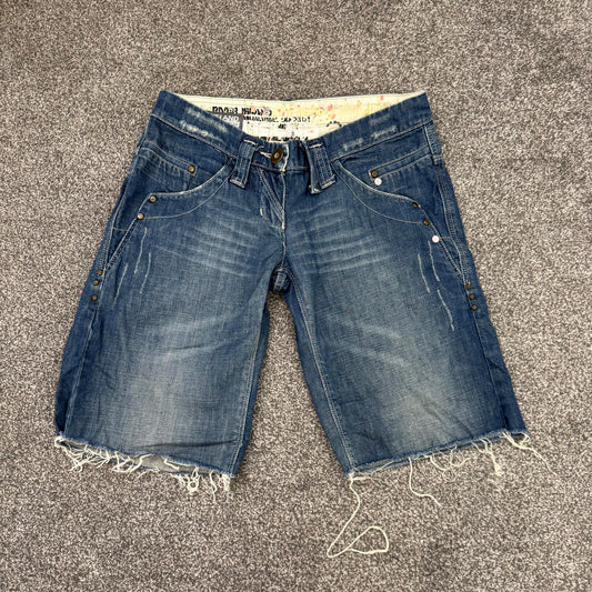 Y2K vintage low rise denim shorts jorts baggy distressed fraying hem faded studs
