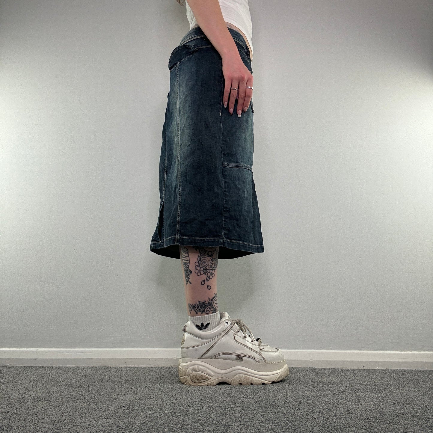 Y2K archive faded denim midi skirt