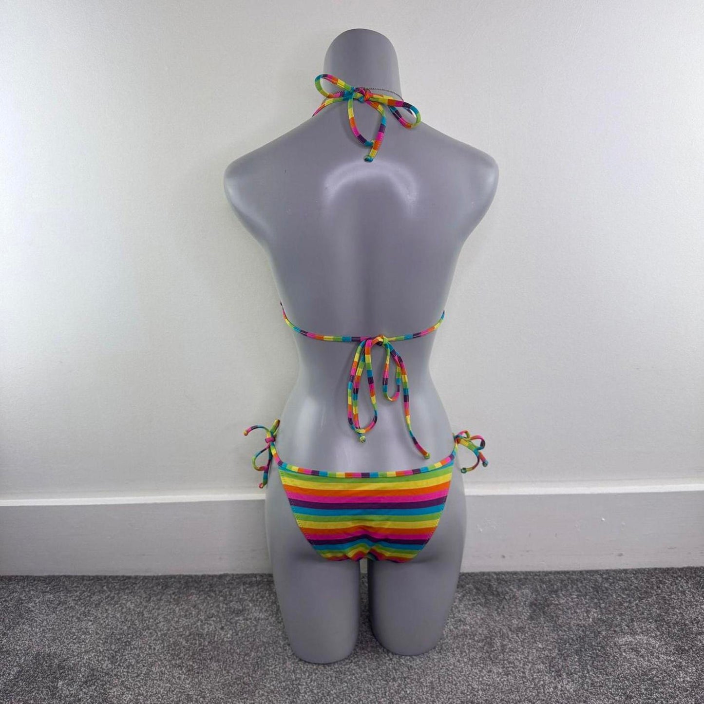 Rainbow stripe halter neck matching bikini set rainbow multi tie bow