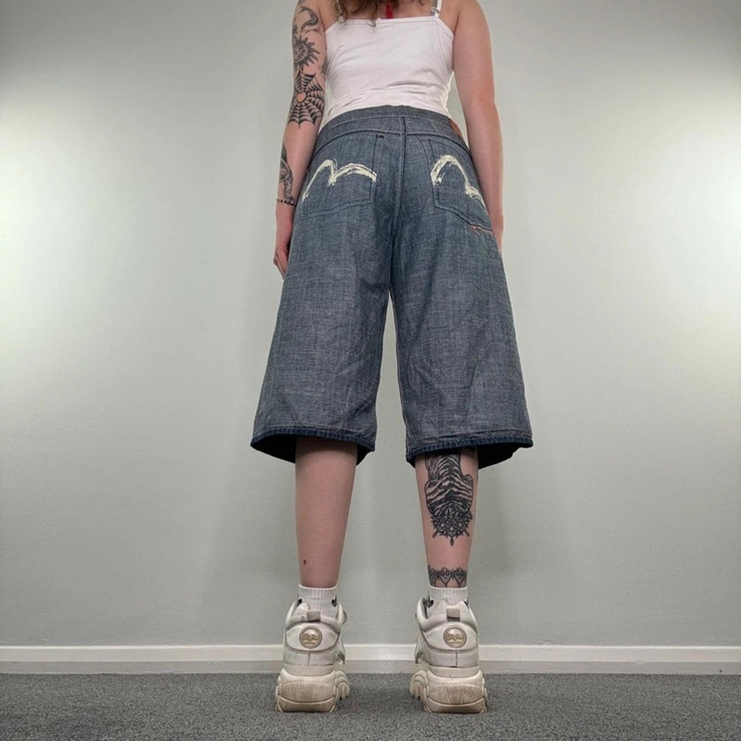 Y2K vintage Evisu reversible jorts denim shorts cropped capri baggy wide leg