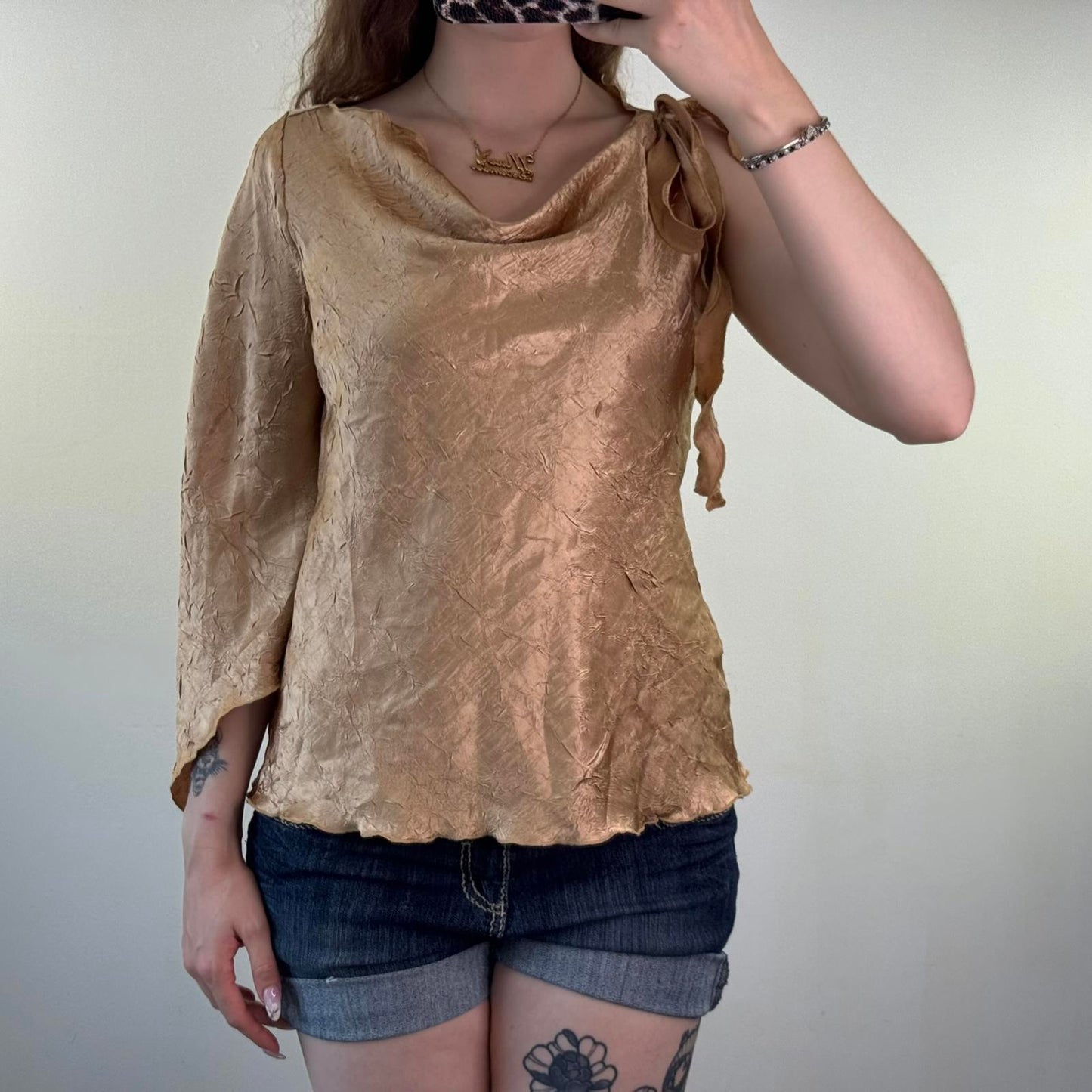 Y2K vintage gold one shoulder crinkle top 3/4 sleeve flare cowl neck bow party