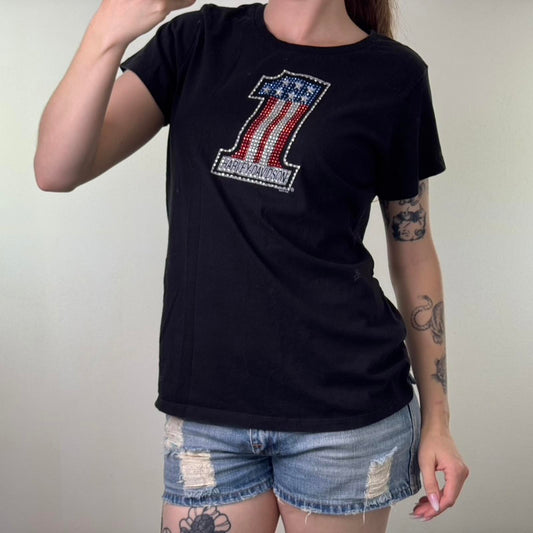 2011 Harley Davidson USA rhinestone t shirt graphic print number one 1 top