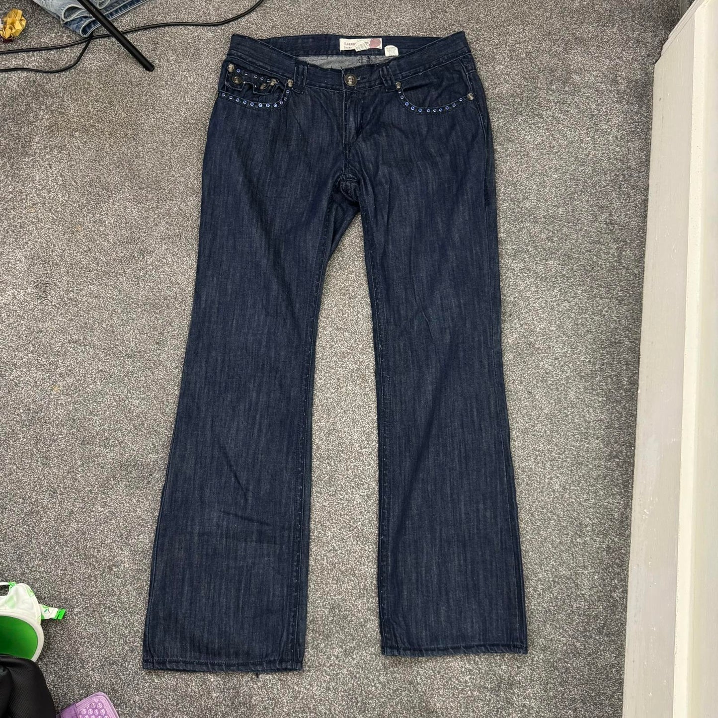 Y2K vintage Laguna Beach bootcut jeans filigree rhinestones skull dark blue