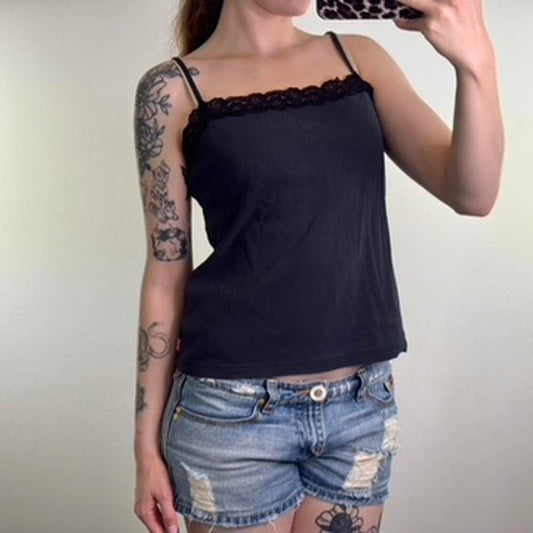 Y2K vintage heart pattern lace trim cami top square neckline strappy black
