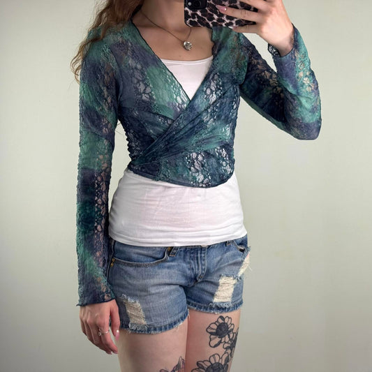 Y2K vintage wrap around cardigan sheer lace blue ombre tie bow adjustable