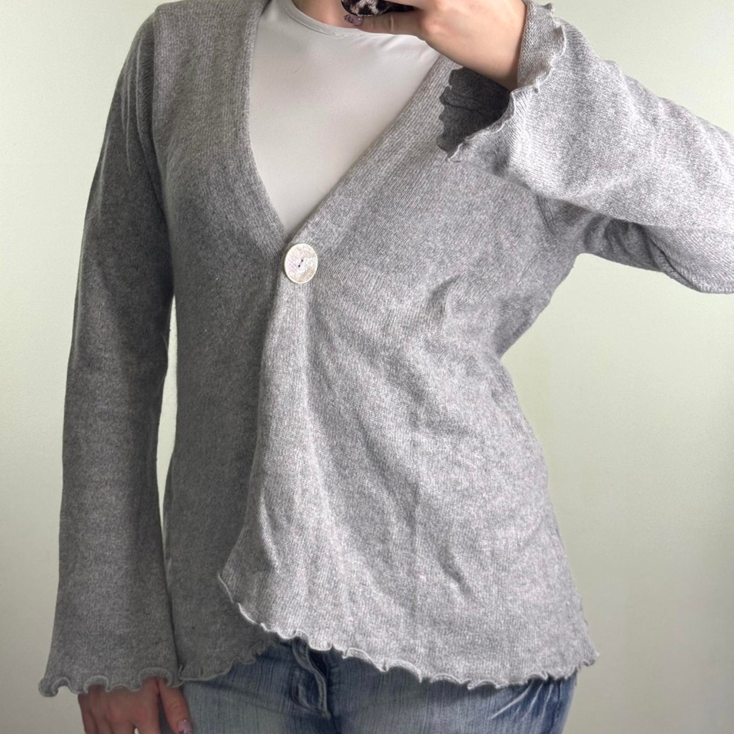 Y2K vintage cashmere angora blend cardigan button up lettuce hem