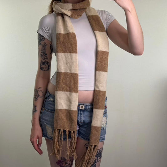 Y2K vintage wool blend stripe scarf long fringe cream light brown knitted knit