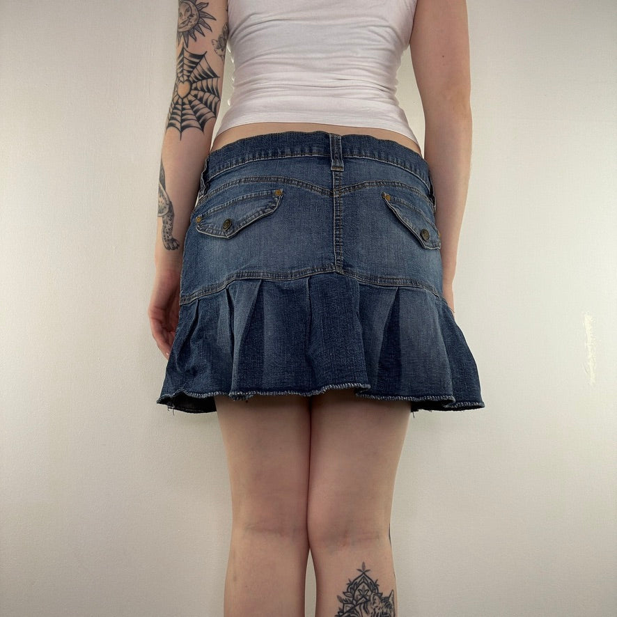 Y2K vintage low rise skirt mini denim half pleated faded stretchy cargo short