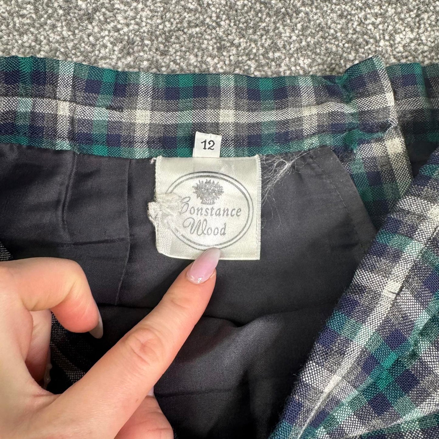 Y2K vintage 100% wool check tartan midi skirt a line lined blue green white