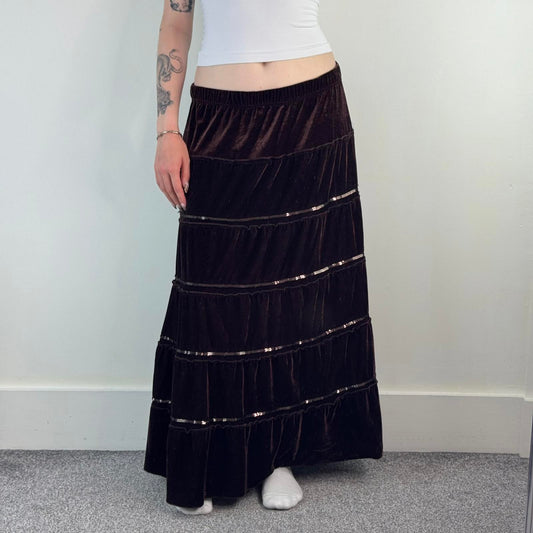 Y2K vintage velour sequin tiered maxi skirt brown a line stretchy boho