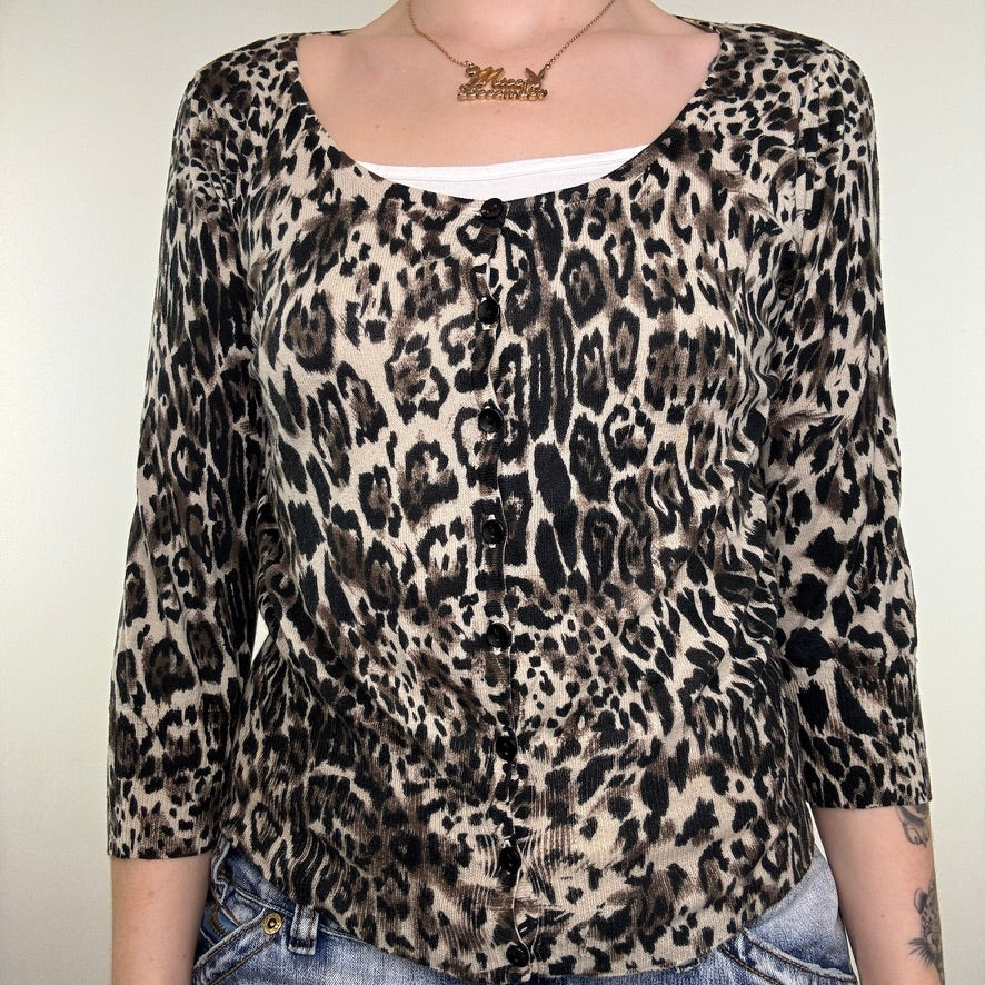 Y2K vintage leopard print cardigan button up 3/4 sleeve scoop neck fine knit
