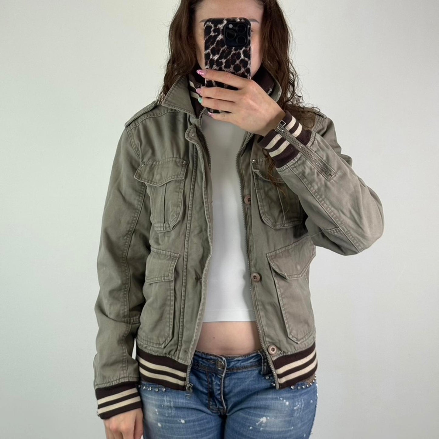 Y2K vintage denim zip button up bomber jacket stripe knit high neck unisex cargo