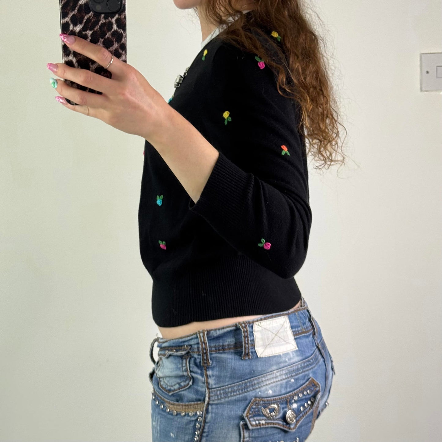 Y2K vintage button up knit floral rose 3D embroidered long sleeve cardigan