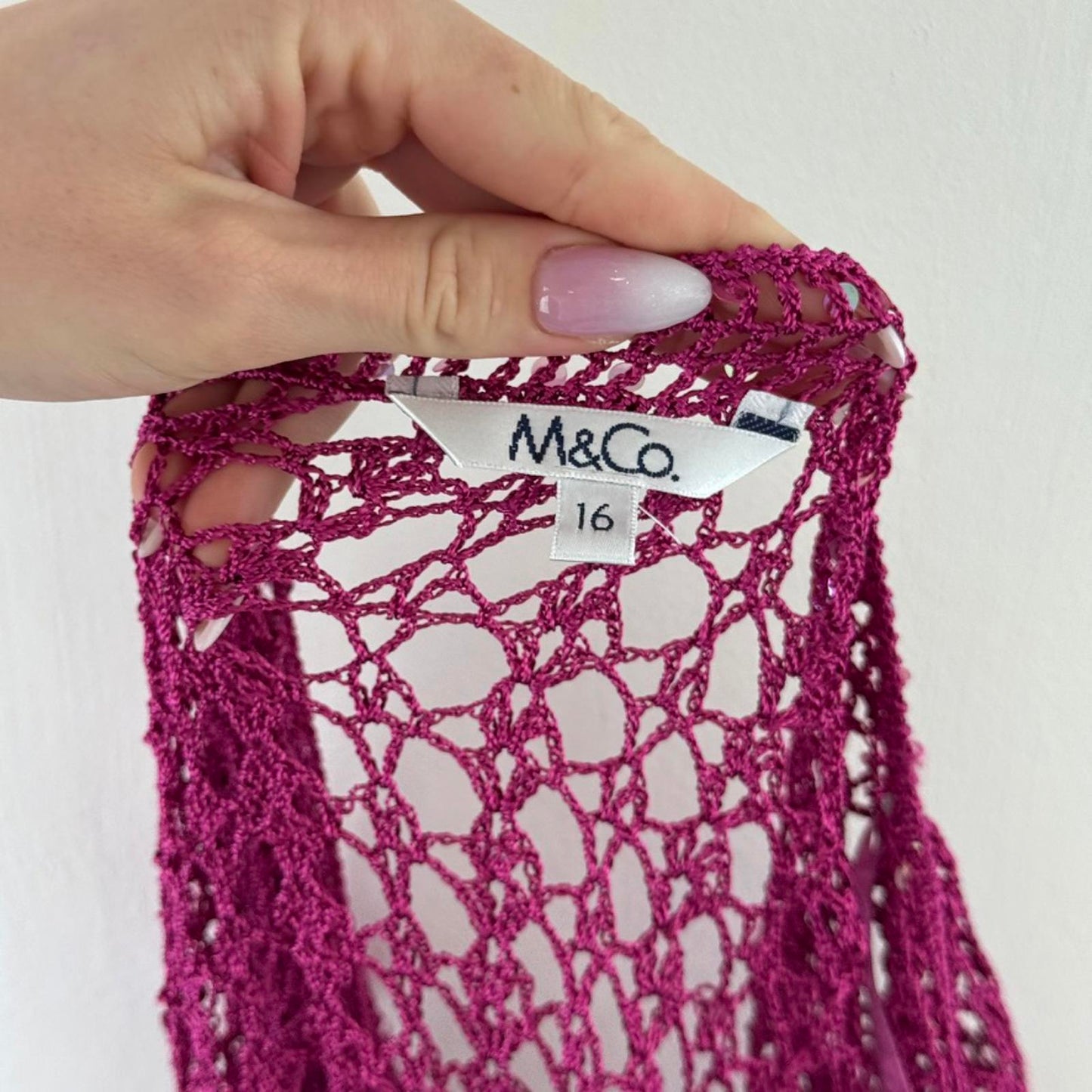 Y2K vintage crochet cardigan sequin button up scallop hem pink v neck knit sheer